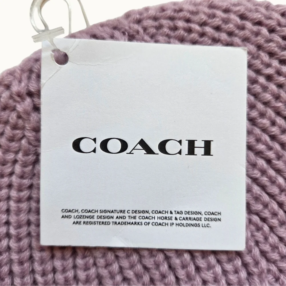 NWT Coach Faded Pink Ribbed Knit Beanie with Woven Logo Patch - Picture 3 of 5